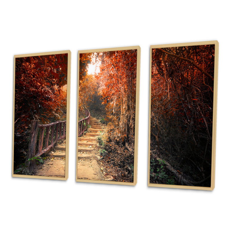 Escalier à travers la forêt d'automne rouge - ensemble d'art mural sur toile encadré paysage, H 32 po x l 48 po x P 1 po