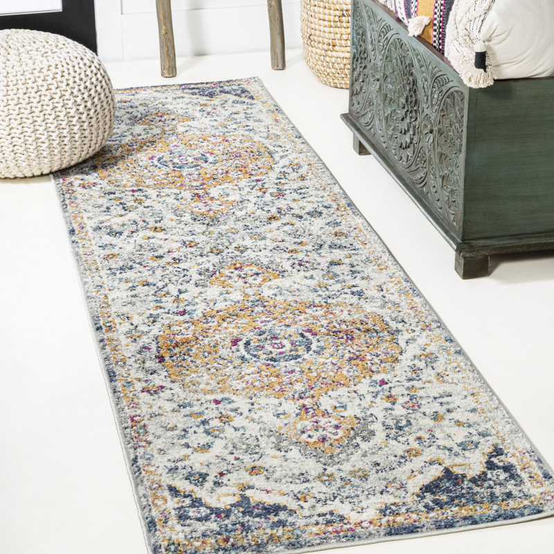 Lorena Ornate Boho Medallion Light Gray/Dark Blue/Orange Rug, Runner 2'3" X 8'