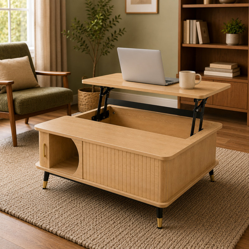 Table basse relevable, rangement caché + tablette latérale, grain de bois, multifonctionnel, bureau de salon