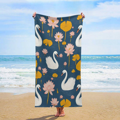 Serviette de plage surdimensionnée Swan Lotus Pond, séchage rapide, sans sable, légère en microfibre, idéale pour la piscine, le camping et les voyages, 91 x 183 cm (36 x 72 pouces).