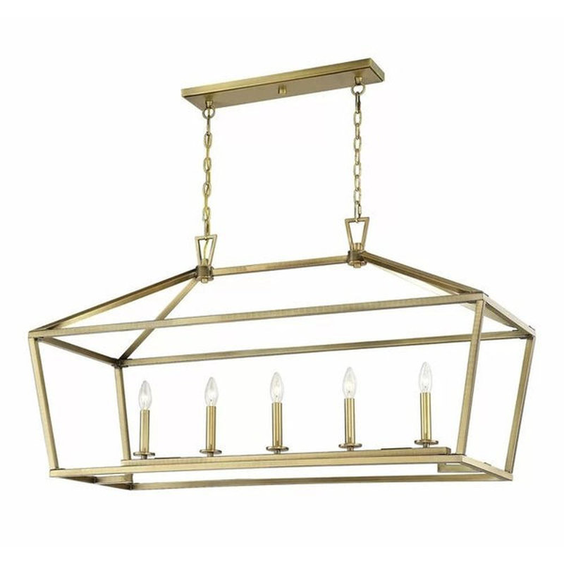 Luminaire suspendu linéaire à 5 lumières pour îlot de cuisine Hastings, H 26,5 po x l 40 po x P 18 po, Laiton laqué