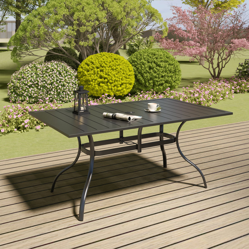 Naruram Rectangular Metal Outdoor Dining Table With Umbrella Hole , 63'' in. W 38'' in. D, Black