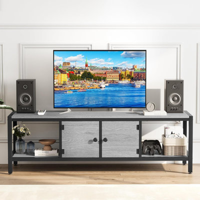 Meuble télé de 58 po avec rangement et 2 placards - Table télé pour téléviseur jusqu'à 65 pouces, centre de divertissement pour salon, entrée
