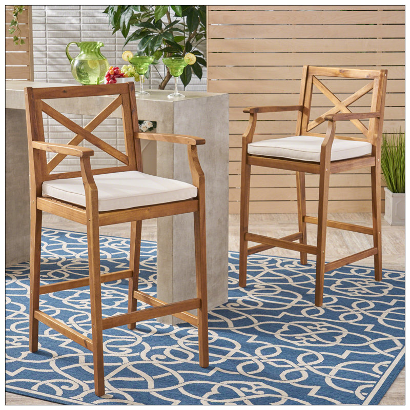 Outdoor PERLA Barstool With Acacia Wood, Cross-Back Design, And Water-Resistant Cushions For Durable Patio Seating