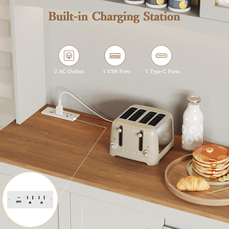 Armoire de cuisine 71 po avec DEL et charge - huche de rangement, bar à café, armoire à micro-ondes pour la salle à manger