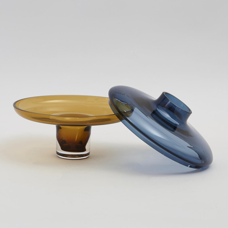 Low Amber Over Cobalt Vase, 6'' H x 9" W x 9" D