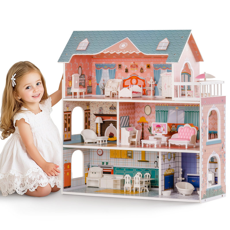 Durable Dollhouse w/28PCS Furniture Plastic, for 3.3”Dolls, Birthday Presents for Toddler 3+