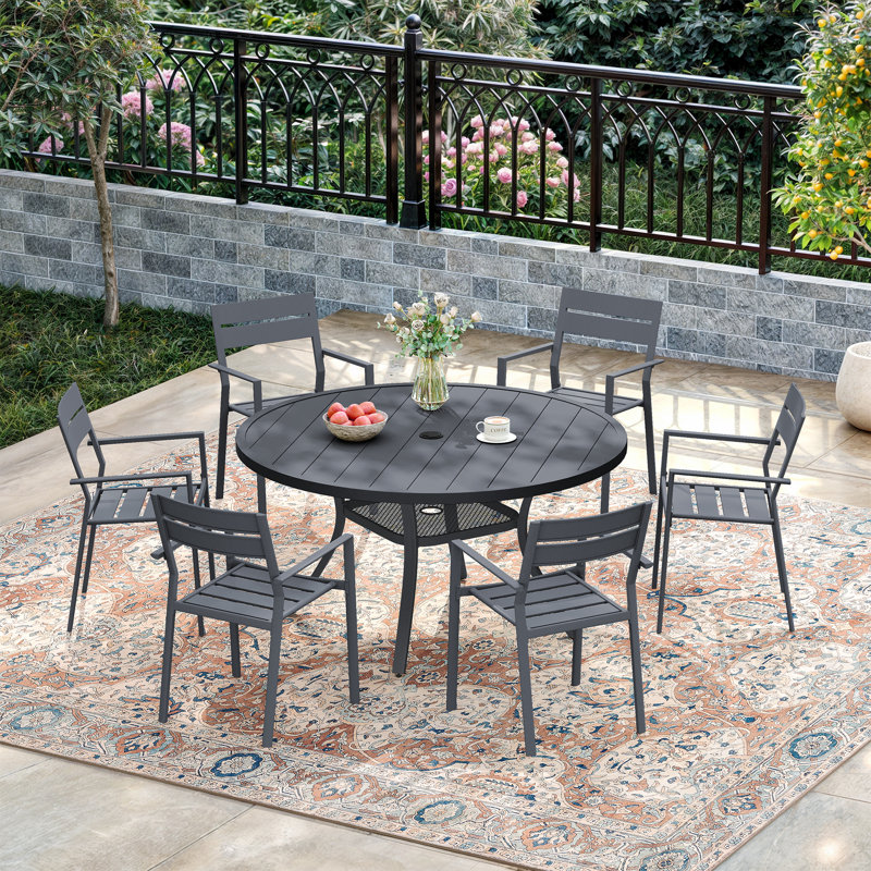 6-Person Outdoor Patio Dining Set With Metal Chairs, Dark Gray/Gray
