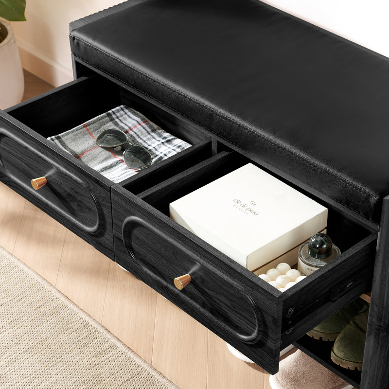 4 Pair Upholstered Shoe Storage Bench, Black