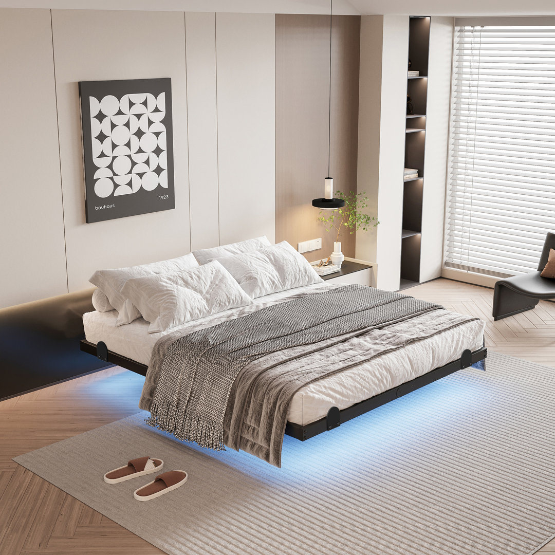 Hinkley 7'' Steel Bed Frame with LED Lights, Remote Control, Charging Station, No Boxspring Needed Alwyn Home 