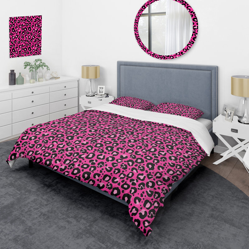 Motif léopard noir et rose - ensemble de housse de couette animaux - microfibre de polyester
