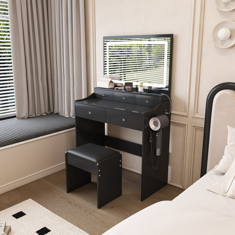 New Large Mirror Vanity Desk for Bed room , Modern Makeup Vanity Set with Power Outlet and Hair dryer holder, 5 Drawers , 3 Lighting Color Adjustable Dressing Table for Bedroom, Black Color