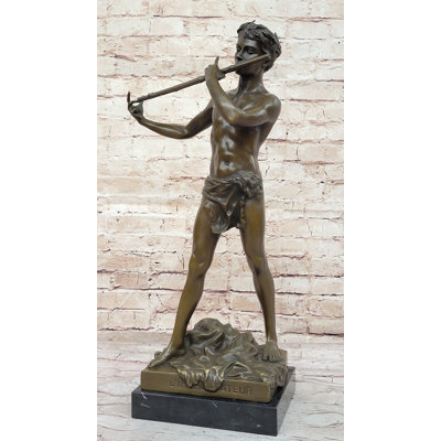L'Improvisateur by Felix Charpentier Flute Flautist Bronze Reproduction Sculpture on Marble Base