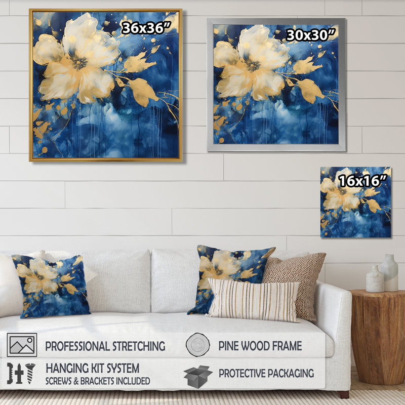 Bouton d'or jaune doré sur Nuevo Blue Glam - Art mural boutons d'or, Toile avec cadre flottant brun