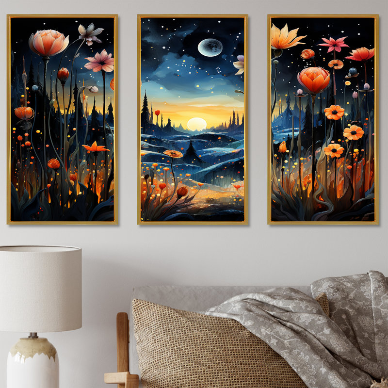 «Fantasy Floral Daydream 3 - Abstract Landscape», art mural, Cadre flottant doré, H 40 po x l 60 po x P 1 po