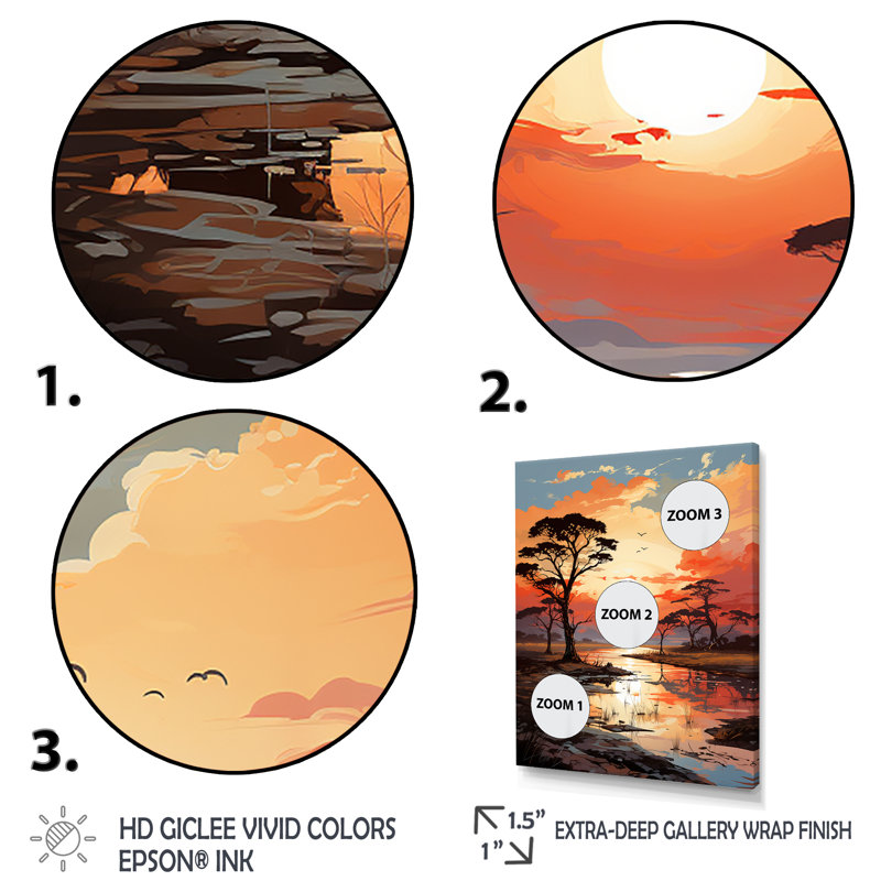 Coucher de soleil africain, savane, harmonie I - arbre, art mural africain, H 40 po x l 30 po x P 1,5 po, Cadre simple blanc