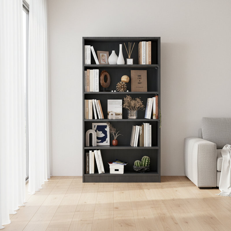 Bibliothèque 60 po à 5 niveaux en bois gris - large bibliothèque moderne pour chambre à coucher, bureau, salon ou bibliothèque