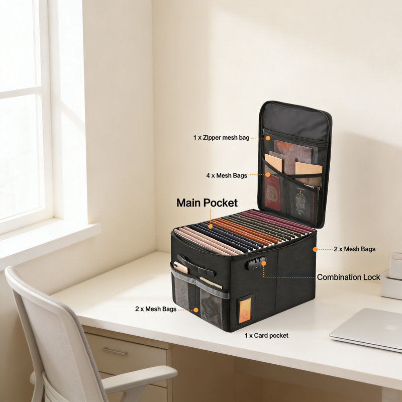 Fireproof Document Box 16.1X12.9X11in File Organizer Box With Lock Portable Office Safe Box