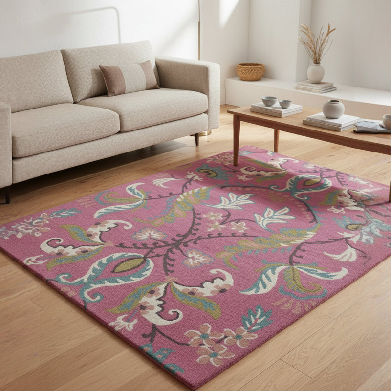 Tapis en laine à motif floral orchidée rose, vert sauge et bleu sarcelle Adairsville, Rectangle 5 pi x 7 pi 6 po