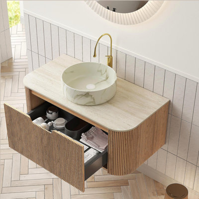 DINA 36" Bathroom Vanity&Sink, Floating Curved Edges Striped Cabinet with Drawer, Round Ceramic Basin with Stone Pattern&Travertine-Pattern Sintered Stone Top, Pre-assembled, Natural Woodgrain Color