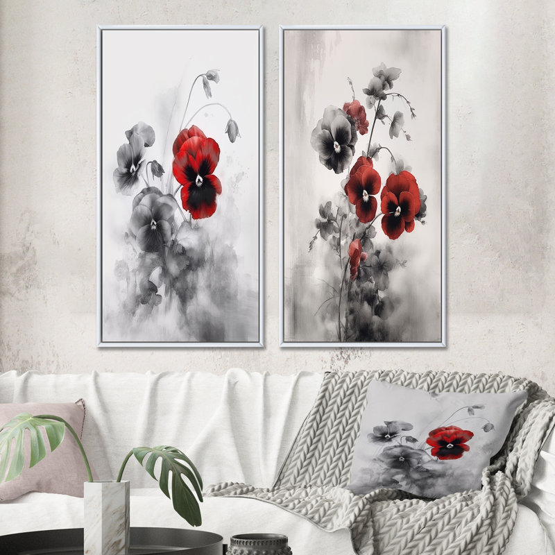 «Red and Grey Minimalisme Pansies», 2 pièces sur toile, Cadre blanc, H 24 po x l 20 po