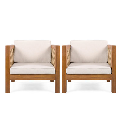 Ensemble de 2 fauteuils club d'extérieur, structure en bois d'acacia avec accoudoirs en osier et coussins beiges, capacité de 400 lb
