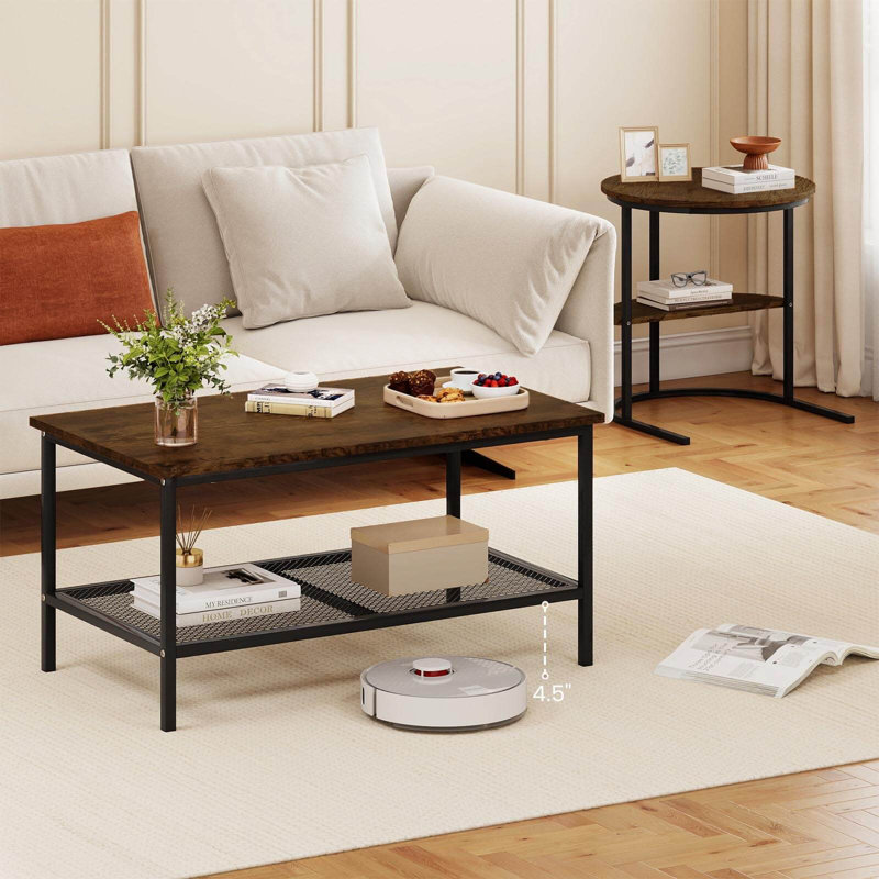 Ensemble de tables basses de style industriel avec tables de bout à deux niveaux avec tablettes de rangement et structure en métal brun rustique et noir