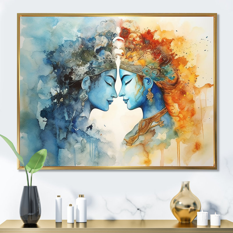 Hindouisme, aquarelle sèche, Radha Krishnas, mariage divin I - Hindouisme, art mural, Cadre flottant doré, 16" H x 32" W