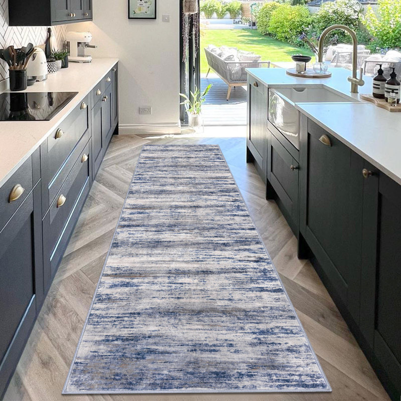 Modern Washable Rug Runner 3x10 Abstract Hallway Runer Rug Non-Slip Soft Indoor Long Rugs for Entryway Kitchen, Blue/Gray