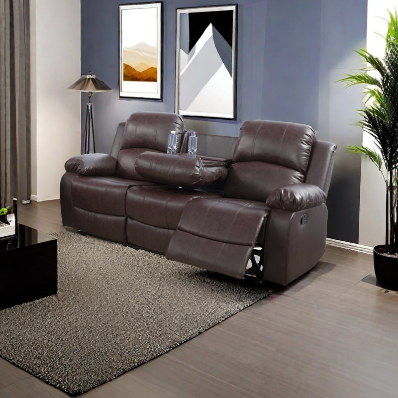 Canapé inclinable en cuir avec table rabattable 78,5 po Jaci, Brun