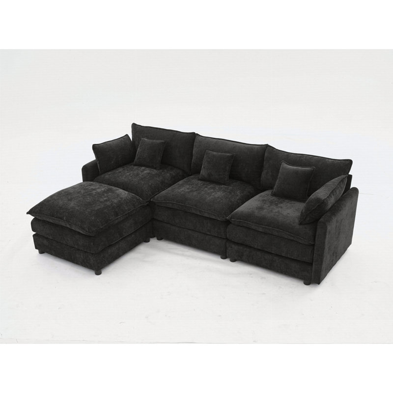 Modular Sectional Sofa, 3-Seater Sofa With Ottoman, Modern L-Shaped Sofa, Black