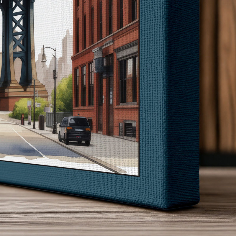 Manhattan Bridge Framed Industrial - Wrapped Canvas, 18x12 - 45.7 x 30.5 cm, Teal Border