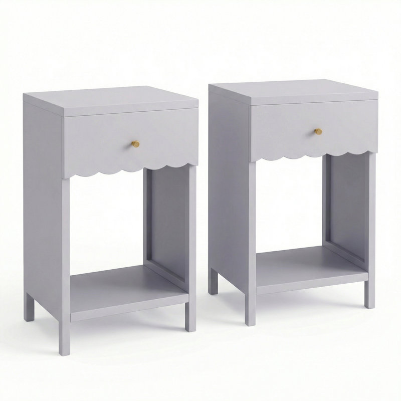 Set of 2 Lavender Nightstands with Drawer and Open Shelf, Modern Scalloped Edge Bedside Tables, Small End Tables with Storage
