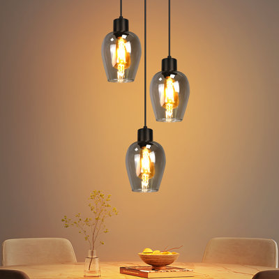 3‑Light Smoked Grey Glass Kitchen Island Pendant