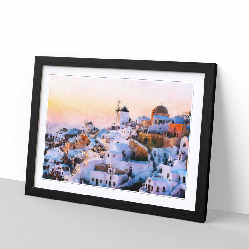 Oia Santorini Skyline in Greece - Picture Frame Graphic Art Print, 24cm H x 33cm W x 2cm D, Black Framed
