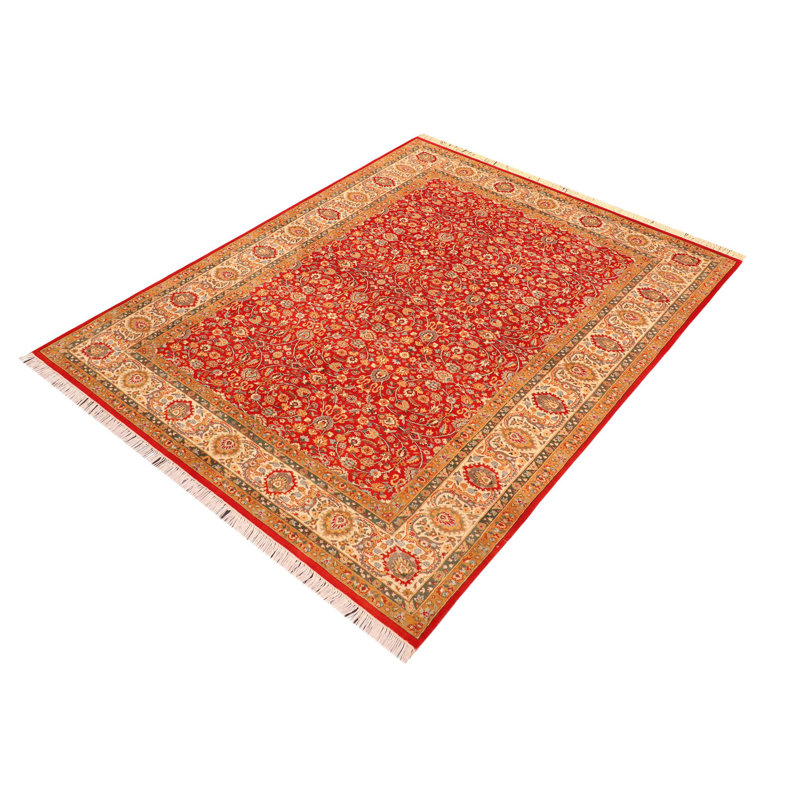 Tapis oriental rouge / beige / vert en laine noué à la main 6 pi 1 po x 9 pi 2 po Palladino