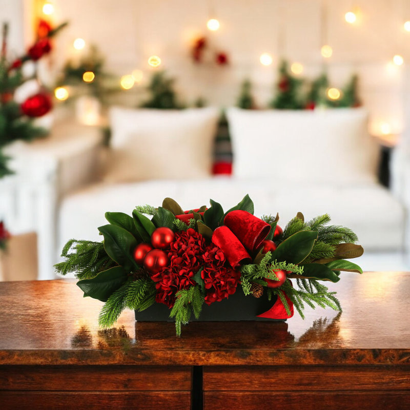Evergreen and Hydrangea Holiday Centerpiece with Ribbon