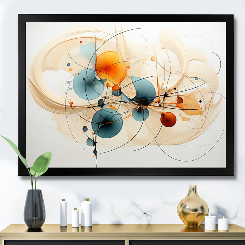 Teal Orange Line Art Conceptual Abstracts II - Art mural, H 24 po x l 32 po, Single Picture Framed, Noir