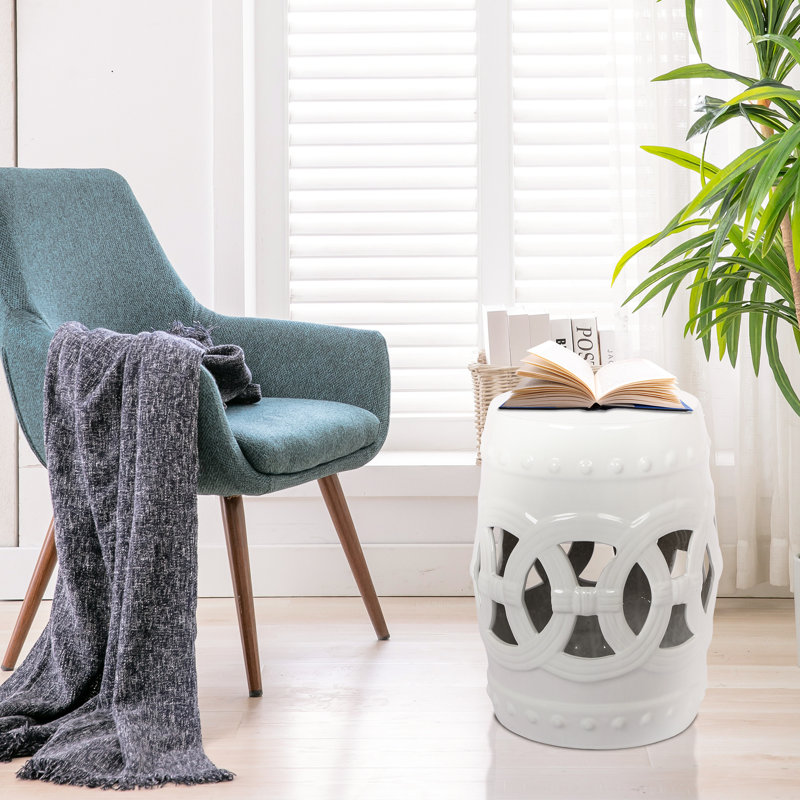 Tabouret d'appoint 17 po x 10,5 po en céramique blanche, émaillée, à décoloration, tambour d'appoint intérieur / extérieur, table d'appoint, jardin décoratif
