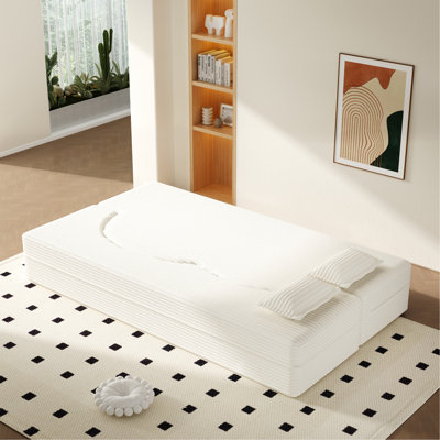 Canapé moderne avec 2 coussins, canapé-lit en velours côtelé et rembourré de mousse, matelas pliant simple de 15 po pour le salon, le lit d'invité, la salle de jeux, sans assemblage requis, beige / blanc