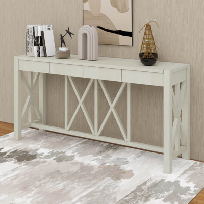 Veneer Console Table With 4 Spacious Drawers, Modern Crisscross Design Entryway Table With Open Bottom Storage