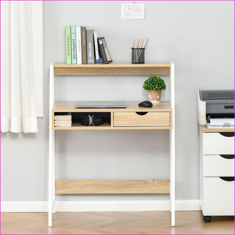 Bureaux pour petits espaces, table d'écriture de bureau à domicile de 31,5 po avec tiroir et amp; Tablettes modernes | Finition naturelle | Bois d'ingénierie
