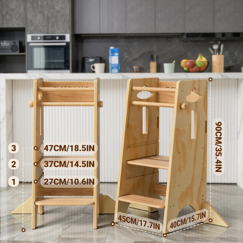 Tour debout pour tout-petits à 3 niveaux en bois - Tabouret stable pour enfants, Brown