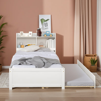 Twin Wooden Bed with Trundle and Shelves