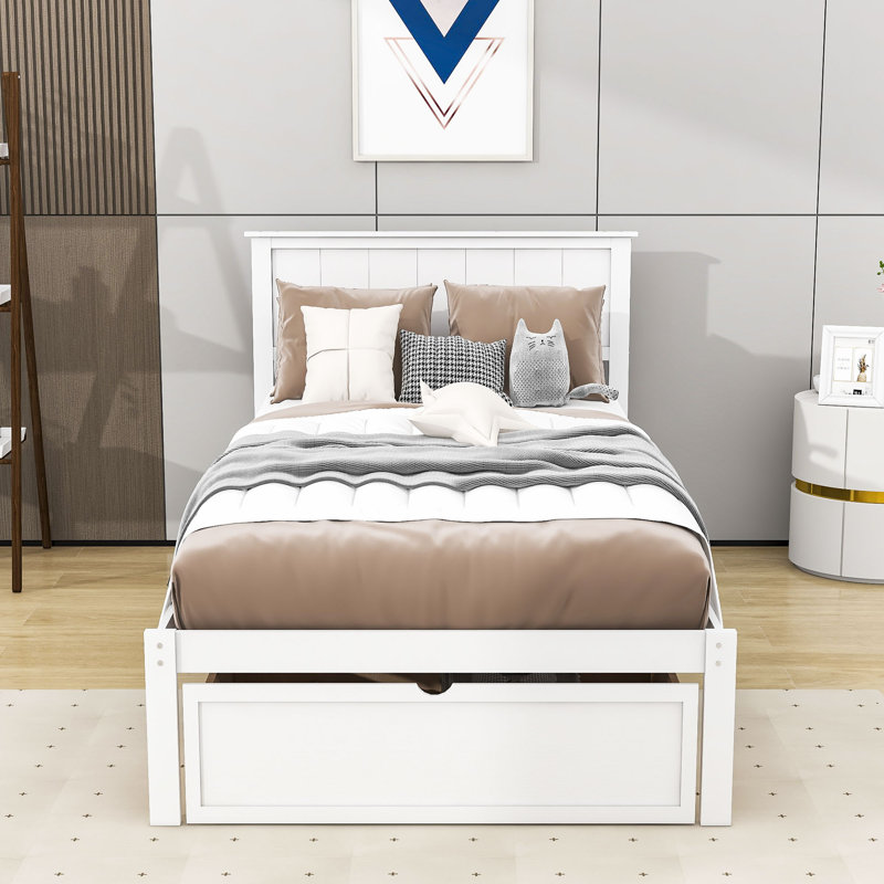 Lit plateforme en bois avec tiroir de rangement Daygen, Blanc