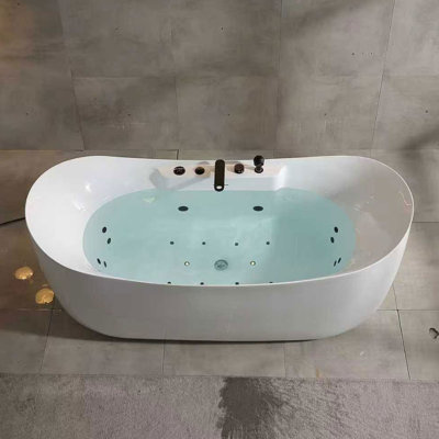 Baignoire à balnéo ovale autoportante en acrylique de 180 cm x 80 cm avec 12 jets d'eau, 10 jets d'air, éclairage de chromothérapie DEL, panneau de commande numérique et robinetterie noire, bonde centrale, blanche