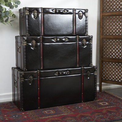 Nubieber Faux Leather Studded Decorative Dark Brown Trunk with Latches and Handles Set