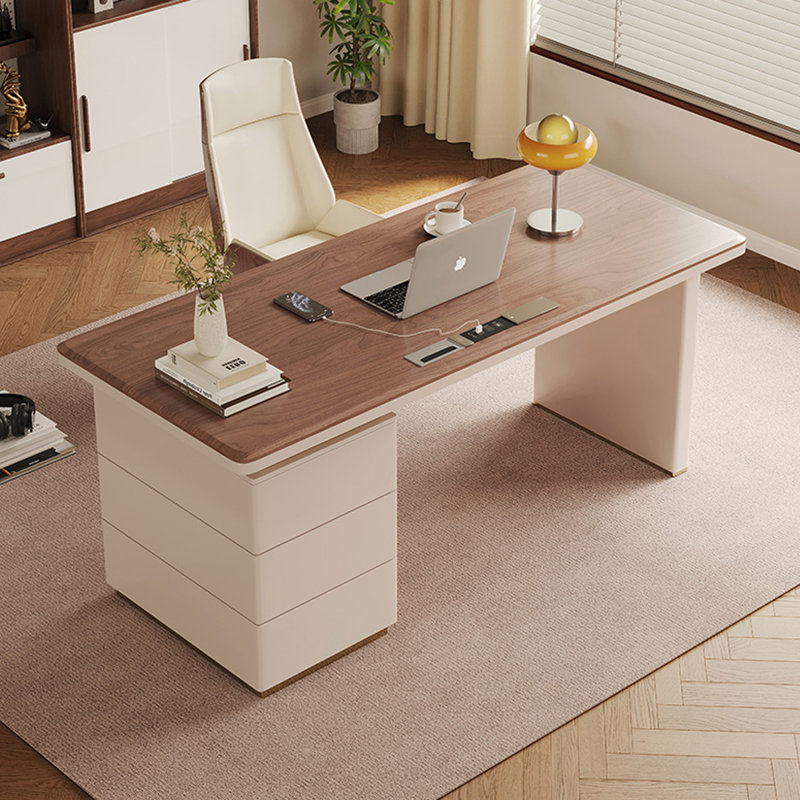 Bureau à 3 tiroirs brun noyer + blanc massif + bois manufacturé, H 29,53 po x l 78,74 po x P 27,56 po, Retour à droite