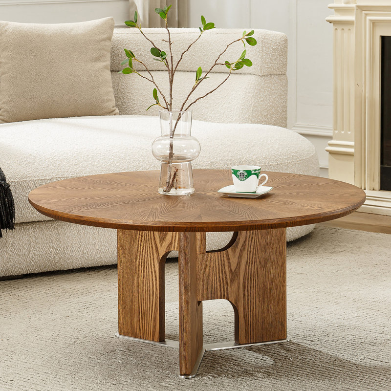 Table basse ronde de 31,5 po avec base sculpturale abstraite, centre de table moderne en bois de style industriel pour le salon