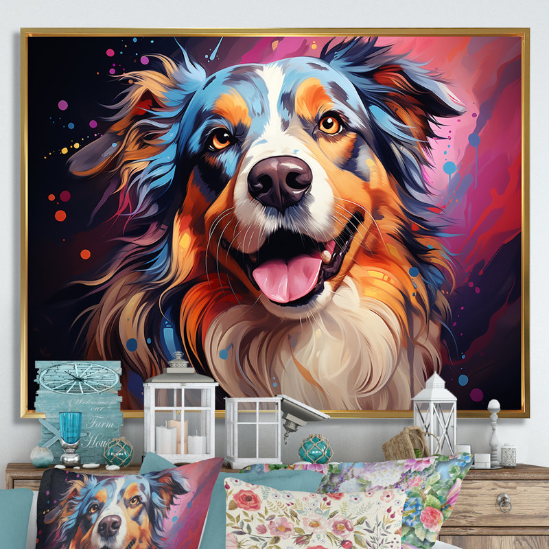 Chien, berger australien, Allure III, sur toile, H 24 po x l 32 po x P 1 po, Cadre flottant doré
